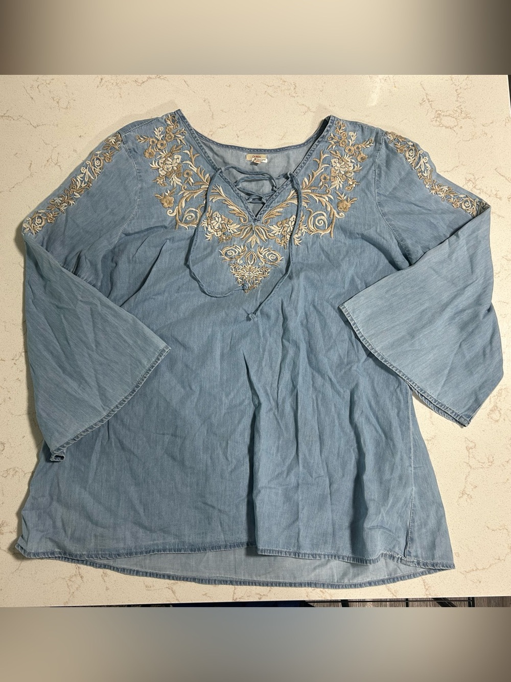 Reba Light Blue Embroidered Lace-Up Boho Tunic